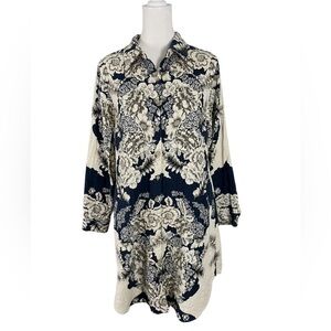 Soft Surroundings St. Remy Floral Button-Up Tunic Top Size M Navy Ivory Coastal